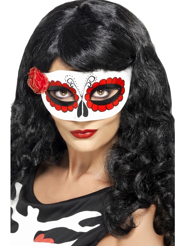 Day of the Dead Oogmasker - oogmasker met rode roos behorende bij de Day of the Dead Halloween kostuums.