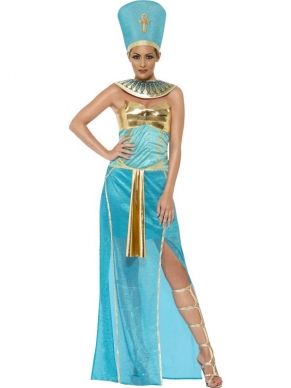 Goddess Nefertiti Kostuum - lange lichtblauwe jurk met goud strapless bovenstukje, gouden riem en hoge split, lichtblauwe hoed en grote gouden ketting. Ook voor verschillende accessoires om de outfit compleet te maken ben je bij ons aan het goede adres!