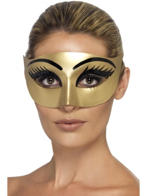 Evil Cleopatra Oogmasker - gouden oogmasker met zwarte wimpers en wenkbrauwen.