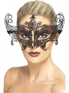 Midnight Baroque Masquerade Oogmasker - zwart metalen oogmasker met diamantjes behorende bij het Midnight Baroque Masquerade Kostuum.