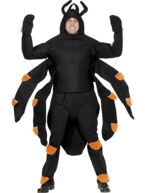Spin Halloween Kostuum - zwarte top met capuchon, lange mouwen en 4 extra armen, zwart lijf en oranje knie- en enkelstukken. Je kunt ook verschillende schmink setjes en accessoires bij ons bestellen om de outfit compleet te maken.