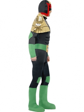 Judge Dredd Kostuum - het kostuum bestaat uit een groen - zwarte jumpsuit met borststuk en afneembare gouden schouderstukken, groene schoenbeschermers en bijpassende helm.