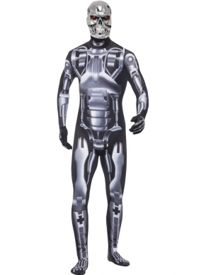 Terminator 2: Judgement Day Endoskeleton Kostuum - het kostuum bestaat uit een zwarte jump suit met endoskelet print en bijpassend masker.