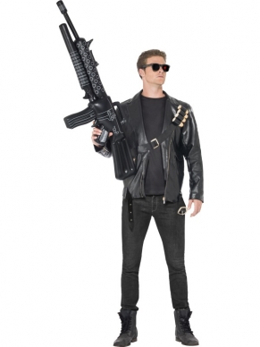 Terminator 2: Judgement Day Terminator Kostuum - het kostuum bestaat uit een zwarte leren jas, zwarte zonnebril en zwarte riem met kogels.