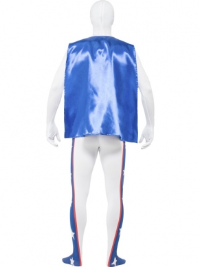 Evel Knevel Second Skin Kostuum - de witte morphsuit heeft een rood - blauwe opdruk en een aangehechte blauwe cape.