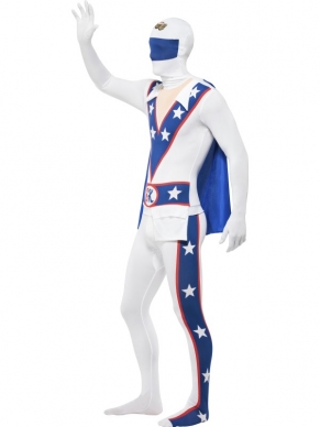 Evel Knevel Second Skin Kostuum - de witte morphsuit heeft een rood - blauwe opdruk en een aangehechte blauwe cape.