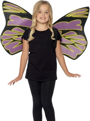 Glow In The Dark Vlinder Vleugels - zwarte vlinder vleugels met geel - paarse Glow in the Dark opdruk, perfect voor Halloween!
