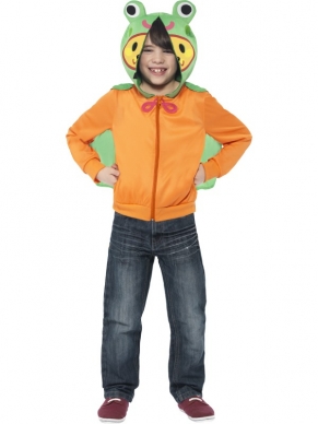 Moshi Monsters Scamp Kostuum - het kostuum bestaat uit een oranje vest met groene capuchon met opdruk en een afneembare groene cape. We verkopen ook andere Moshi Monsters Kostuums!