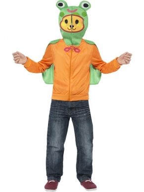 Moshi Monsters Scamp Kostuum - het kostuum bestaat uit een oranje vest met groene capuchon met opdruk en een afneembare groene cape. We verkopen ook andere Moshi Monsters Kostuums!