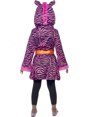 Zebra Sass Kostuum - de lange roze jas heeft een zebra print, een capuchon met gezicht, bont aan de mouwen en een oranje riem.