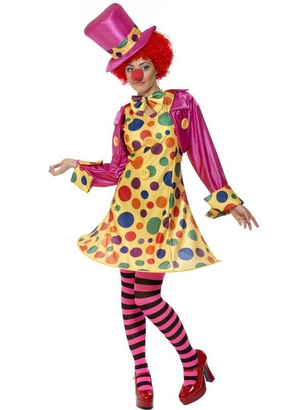Polka Dot Clown Dames Kostuum. Inbegrepen is de leuke polka dot jurk met hoepel, shirt, strik, gestreepte kousen en grote hoed! Geweldig kostuum. De Afro pruik verkopen we los in diverse kleuren.