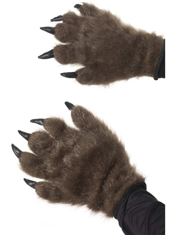Hairy Monster Hands - een paar bruine harige handschoenen met zwarte klauwen.