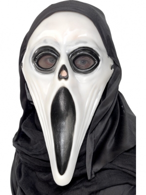 Glow in the Dark Screamer Masker: wit masker met zwarte ogen en grote mond. Aan het masker zit een zwarte cape bevestigd die over hoofd en nek gaat. Het masker heeft een Glow in the Dark-effect.
