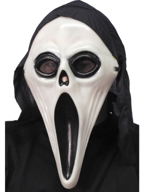 Glow in the Dark Screamer Masker: wit masker met zwarte ogen en grote mond. Aan het masker zit een zwarte cape bevestigd die over hoofd en nek gaat. Het masker heeft een Glow in the Dark-effect.