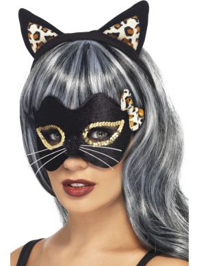 Midnight Kitty Oortjes en Oogmasker: katten oortjes met luipaard print op haarband en zwart oogmasker met strikje en snorharen.