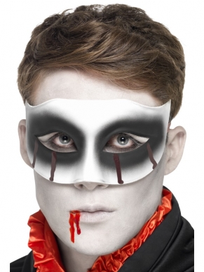 Zombie Masquerade Oogmasker: wit oogmasker met zwarte vlekken rond de ogen en bloedvlekken.