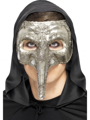Venetian Capitano Masker: zilverkleurig masker met mooie details en lange neus.