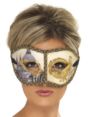 Venetian Colombina Venetië Oogmasker - licht oogmasker met gouden rand en Venetiaanse print.