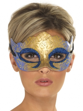 Venetian Colombina Glitter Oogmasker - goud - blauw oogmasker met glitter.