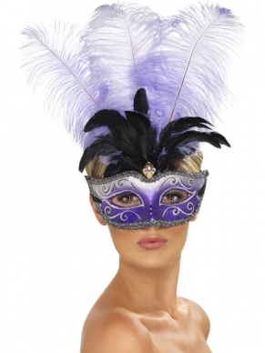 Venetian Colombina Paars Oogmasker - paars oogmasker met zilveren rand, mooie print en paarse en zwarte veren.
