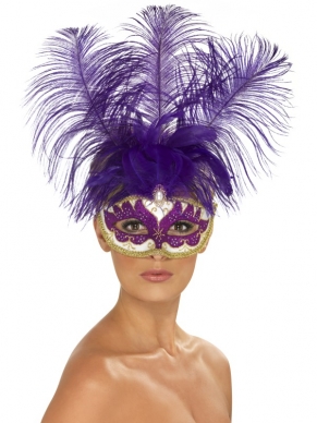 Paars Can Can Beauty Oogmasker - paars oogmasker met gouden rand, mooi dessin en grote paarse veren.