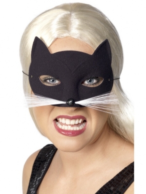 Cat Oogmasker - zwart oogmasker dat ook de neus bedekt met katten oortjes en witte snorharen.