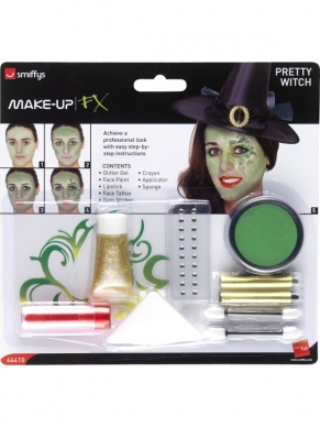 Halloween Pretty Witch Make Up Kit, inclusief schmink, lippenstift, tattoo, steentjes, glitter gel, kwastje/sponsje en instructies. Deze professionele look maakt u nu makkelijk zelf!