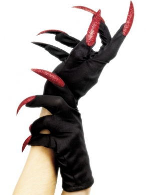 Maak je Halloween Kostuum helemaal af met deze Halloween Handschoenen met Glitter Nagels - korte zwarte handschoenen met lange nagels met rode glitter nagellak.