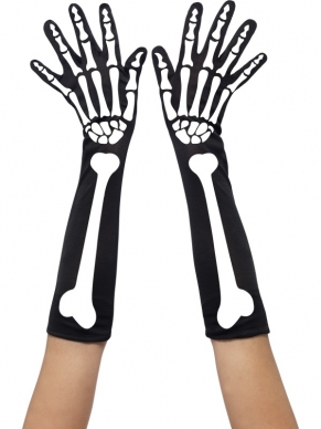 Zwarte Handschoenen met Skelet Print