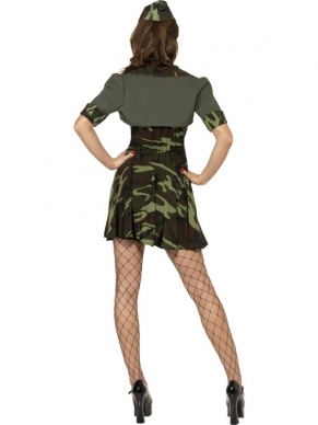 Leger Army Babe Dames Kostuum. Inbegrepen is de camouflage strapless jurk, het jasje en het hoedje. Compleet kostuum.
