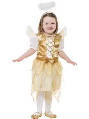 Angel Fairy Meisjes Kostuum - mooi wit - goud jurkje, inclusief vleugels en witte diadeem met halo.