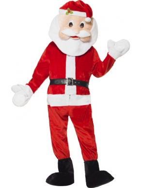 Kerstman Mascotte Kostuum - compleet Kerstman kostuum, inclusief kerstman bodysuit, zwarte riem, zwarte boot covers en kerstman mascotte hoofd.