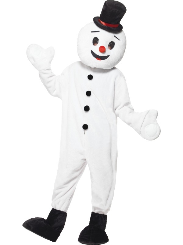 Sneeuwpop Mascotte Kostuum - compleet Sneeuwpop kostuum, inclusief sneeuwpop bodysuit, zwarte boot covers en sneeuwpop mascotte hoofd.