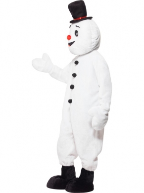 Sneeuwpop Mascotte Kostuum - compleet Sneeuwpop kostuum, inclusief sneeuwpop bodysuit, zwarte boot covers en sneeuwpop mascotte hoofd.