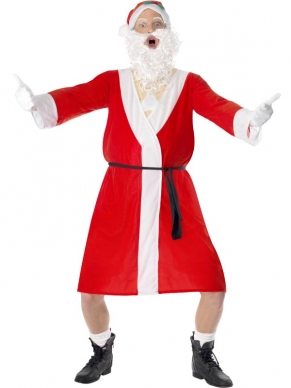 Sleazy Santa Kostuum - compleet kostuum, inclusief rood - witte jas, naakte bodysuit met mistletoe, kerstmuts en witte baard.