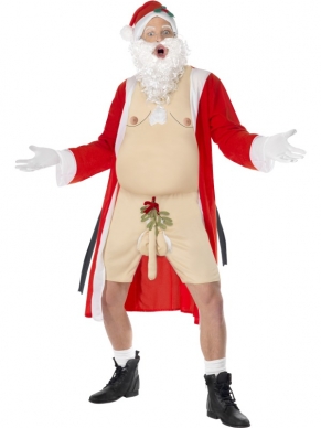 Sleazy Santa Kostuum - compleet kostuum, inclusief rood - witte jas, naakte bodysuit met mistletoe, kerstmuts en witte baard.