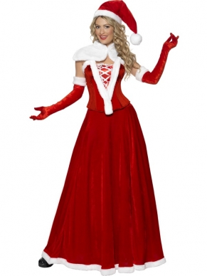 Luxe Miss Santa Kostuum - compleet Kerstvrouw kostuum, inclusief rode corset met bont en veter, rode lange rok, witte cape, rode lange handschoenen met bont en kerstmuts.