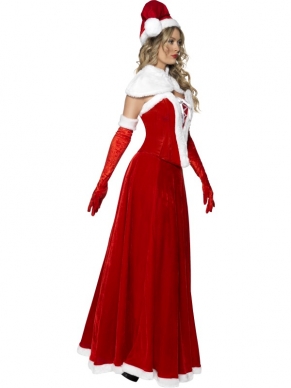Luxe Miss Santa Kostuum - compleet Kerstvrouw kostuum, inclusief rode corset met bont en veter, rode lange rok, witte cape, rode lange handschoenen met bont en kerstmuts.