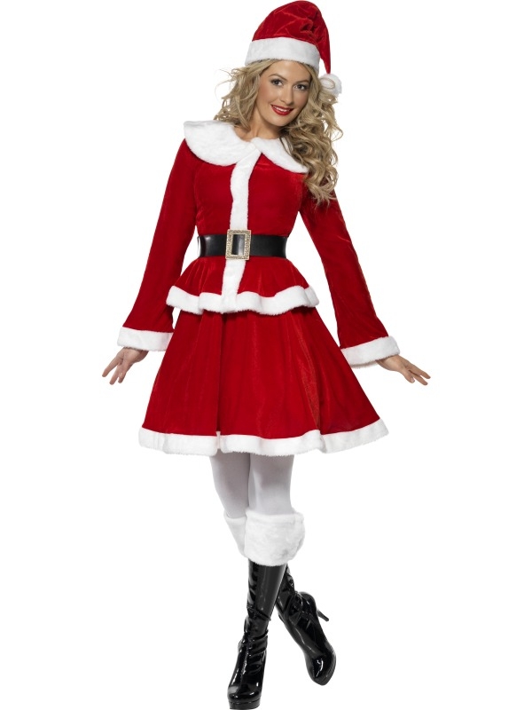 Miss Santa Kostuum met Handwarmer - compleet Kerstvrouw kostuum, inclusief rood - wit jasje, rood - witte rok, kerstmuts, zwarte riem en witte handwarmer.