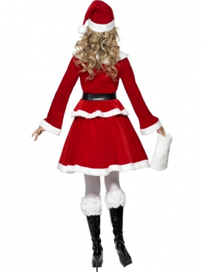 Miss Santa Kostuum met Handwarmer - compleet Kerstvrouw kostuum, inclusief rood - wit jasje, rood - witte rok, kerstmuts, zwarte riem en witte handwarmer.