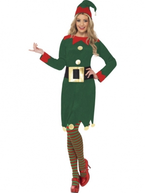 Elf Dames Kostuum - groene jurk met rode kraag en gouden knopen, zwarte riem met gouden gesp en elfenmutsje.