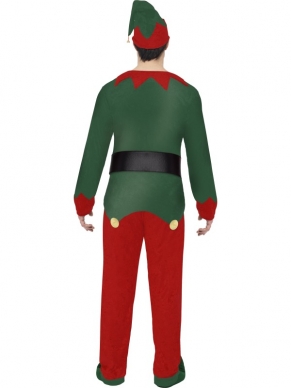 Elf Heren Kostuum - groene top met rode kraag en gouden knopen, zwarte riem met gouden gesp, rode broek en elfenmutsje.