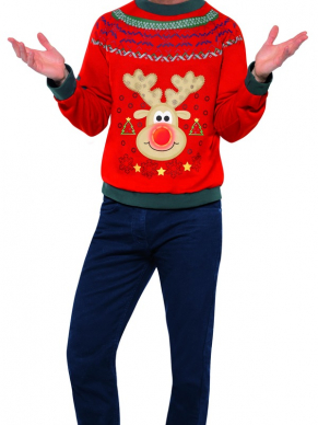 Kerst Trui met Rendier en LED lichtjes - super leuke en lekker warme rode trui met rendier print. Helemaal leuk: in de neus van het rendier zit een LED lichtje!
