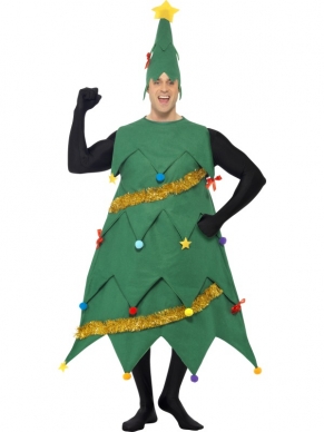 Kerstboom Heren Kostuum - kerstboom bodysuit met versiering en bijpassende hoed.