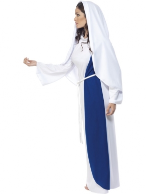 Maria Moeder van Jezus Kostuum - lang wit - blauw gewaad met witte riem en hoofddoek.
