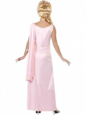 Ilithyia Spartacus Romeinse Vrouw Kostuum. Mooie lange roze jurk met goudkleurige riem.