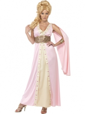 Ilithyia Spartacus Romeinse Vrouw Kostuum. Mooie lange roze jurk met goudkleurige riem.