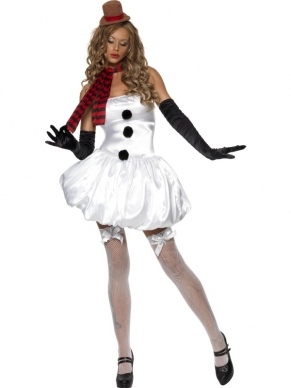 Fever Sexy Sneeuwvrouw Kerst Kostuum. Inbegrepen is de sexy strapless jurk met bolle rok, sjaal en hoedje op diadeem. De handschoenen verkopen we los in onze webshop.