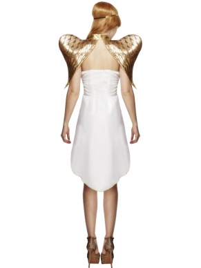 Fever Glamorous Angel Kostuum - strapless wit jurkje tot boven de knie met gouden details, inclusief gouden haarband en vleugels.