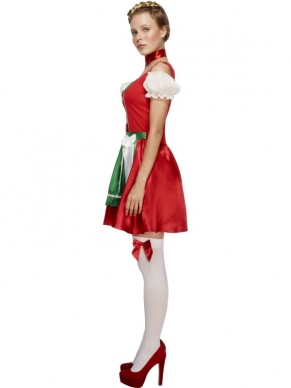 Fever Kerst Dirndl Kostuum - rood jurkje tot boven de knie met aangehechte witte blouse en groen schortje met witte strik. Wij verkopen de bijpassende kousen apart in onze webshop.